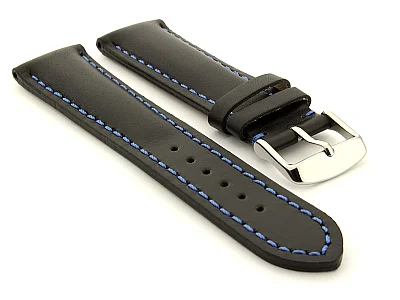 Padded Watch Strap Band CANYON Genuine Leather Black/Blue 24mm (image for) Padded Watch Strap Band CANYON Genuine Leather Black/Blue 24mm