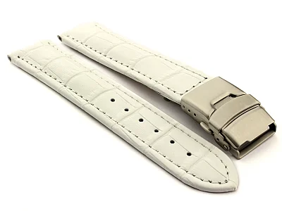 Genuine Leather Watch Band Croco Deployment Clasp White / White 22mm (image for) Genuine Leather Watch Band Croco Deployment Clasp White / White 22mm
