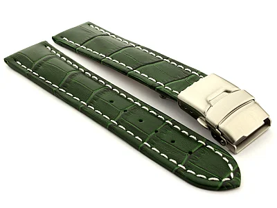 Genuine Leather Watch Band Croco Deployment Clasp Green / White 22mm (image for) Genuine Leather Watch Band Croco Deployment Clasp Green / White 22mm