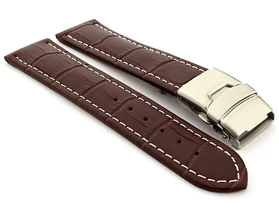 Genuine Leather Watch Strap Band Croco Deployment Clasp Dark Brown / White 18mm (image for) Genuine Leather Watch Strap Band Croco Deployment Clasp Dark Brown / White 18mm
