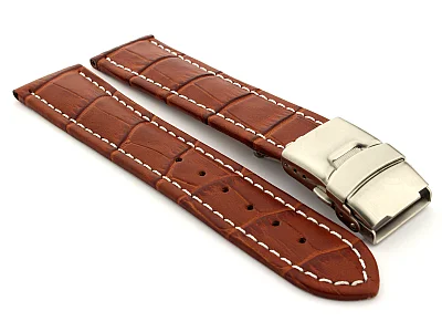 Genuine Leather Watch Band Croco Deployment Clasp Brown / White 22mm (image for) Genuine Leather Watch Band Croco Deployment Clasp Brown / White 22mm