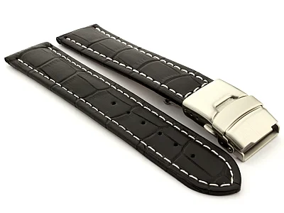 Genuine Leather Watch Strap Croco Deployment Clasp Black / White 20mm (image for) Genuine Leather Watch Strap Croco Deployment Clasp Black / White 20mm