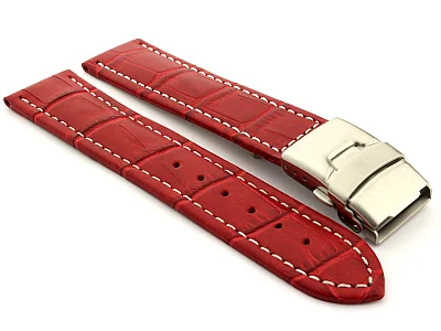Genuine Leather Watch Strap Croco Deployment Clasp Red / White 24mm (image for) Genuine Leather Watch Strap Croco Deployment Clasp Red / White 24mm