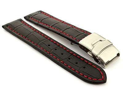 Genuine Leather Watch Band Croco Deployment Clasp Black / Red 26mm (image for) Genuine Leather Watch Band Croco Deployment Clasp Black / Red 26mm