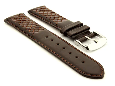Elegant Cross Stitched Leather Watch Strap Dark Brown 20mm (image for) Elegant Cross Stitched Leather Watch Strap Dark Brown 20mm