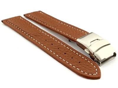 Genuine Leather Watch Strap Freiburg Deployment Clasp Brown / White 18mm (image for) Genuine Leather Watch Strap Freiburg Deployment Clasp Brown / White 18mm