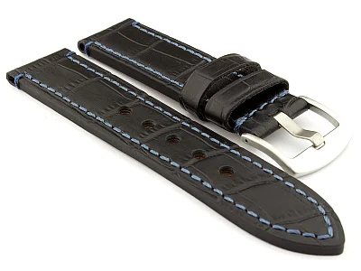 Genuine Leather Watch Strap CROCO GRAND PANOR Black/Blue 20mm (image for) Genuine Leather Watch Strap CROCO GRAND PANOR Black/Blue 20mm