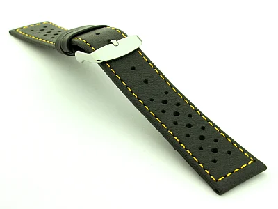 22mm Black/Yellow - Genuine Leather Watch Strap / Band RIDER, Perforated (image for) 22mm Black/Yellow - Genuine Leather Watch Strap / Band RIDER, Perforated