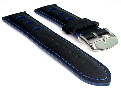 Racing Style Leather Watch Band Tempo Black/Blue 22mm (image for) Racing Style Leather Watch Band Tempo Black/Blue 22mm