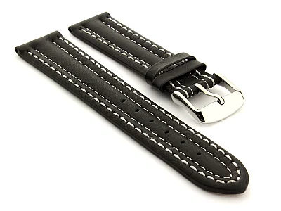 Leather Watch Strap Double Stitched Zurich Black / White 20mm (image for) Leather Watch Strap Double Stitched Zurich Black / White 20mm