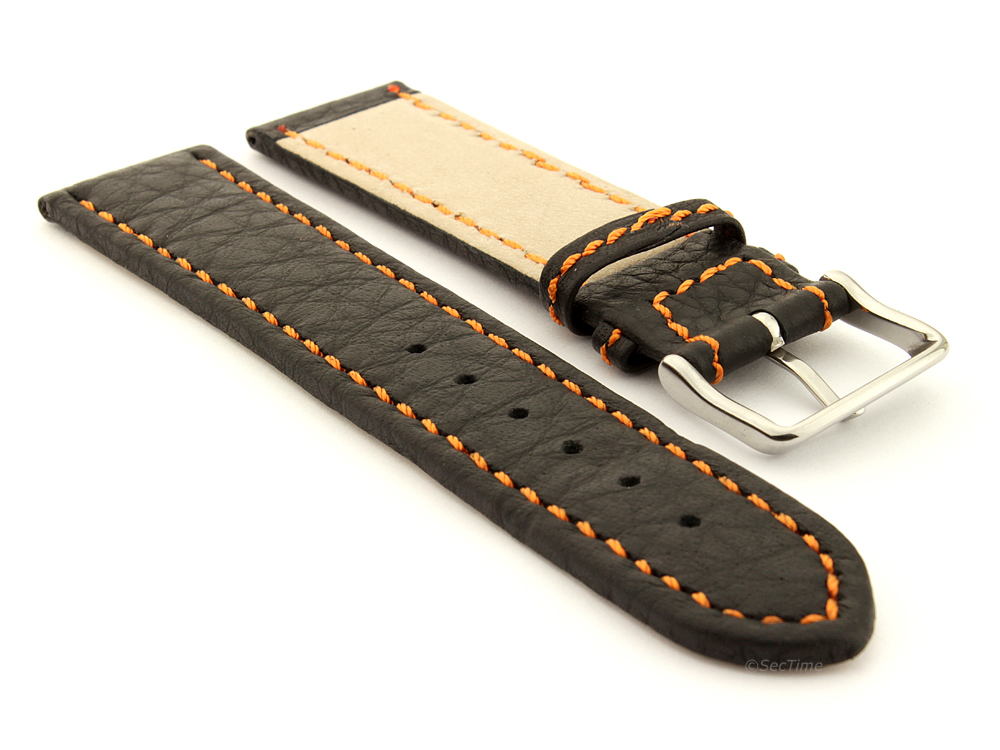 Leather Watch Band Black with Orange Stitching Kana 03
