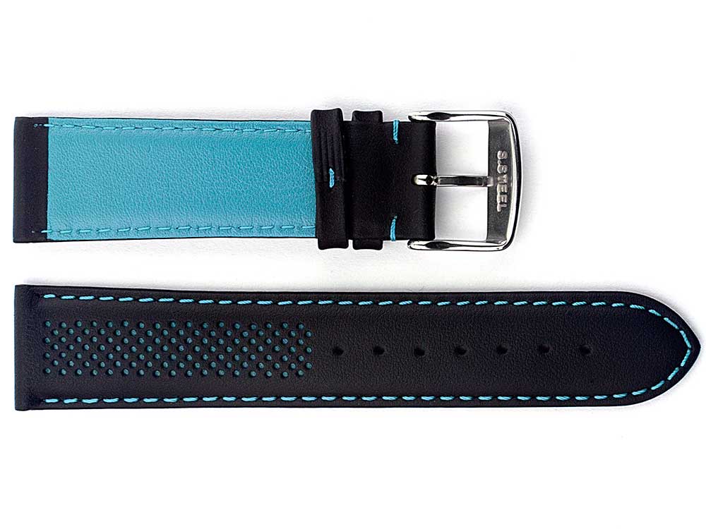 Laser Perforated Leather Watch Strap Oscar Black/Blue 02