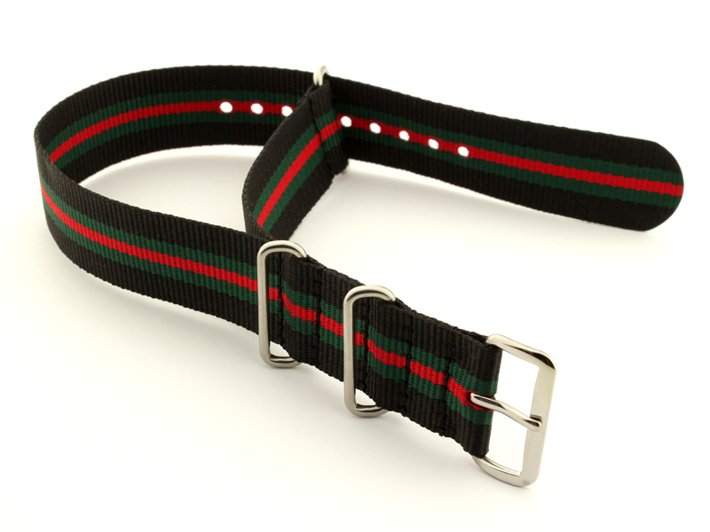 NATO G10 Watch Strap Military Nylon Divers (3 rings) Black/Green/Red 18mm 